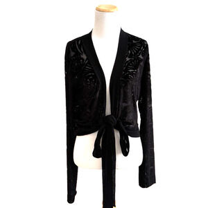 Fuzzi Cropped Sweater Shrug M Black Thin Mesh Velvet Floral Burnout Top Italy